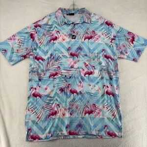 Lofty Llama Mens 2XL Flamingo Tropical Print Performance Golf Polo Shirt Blue